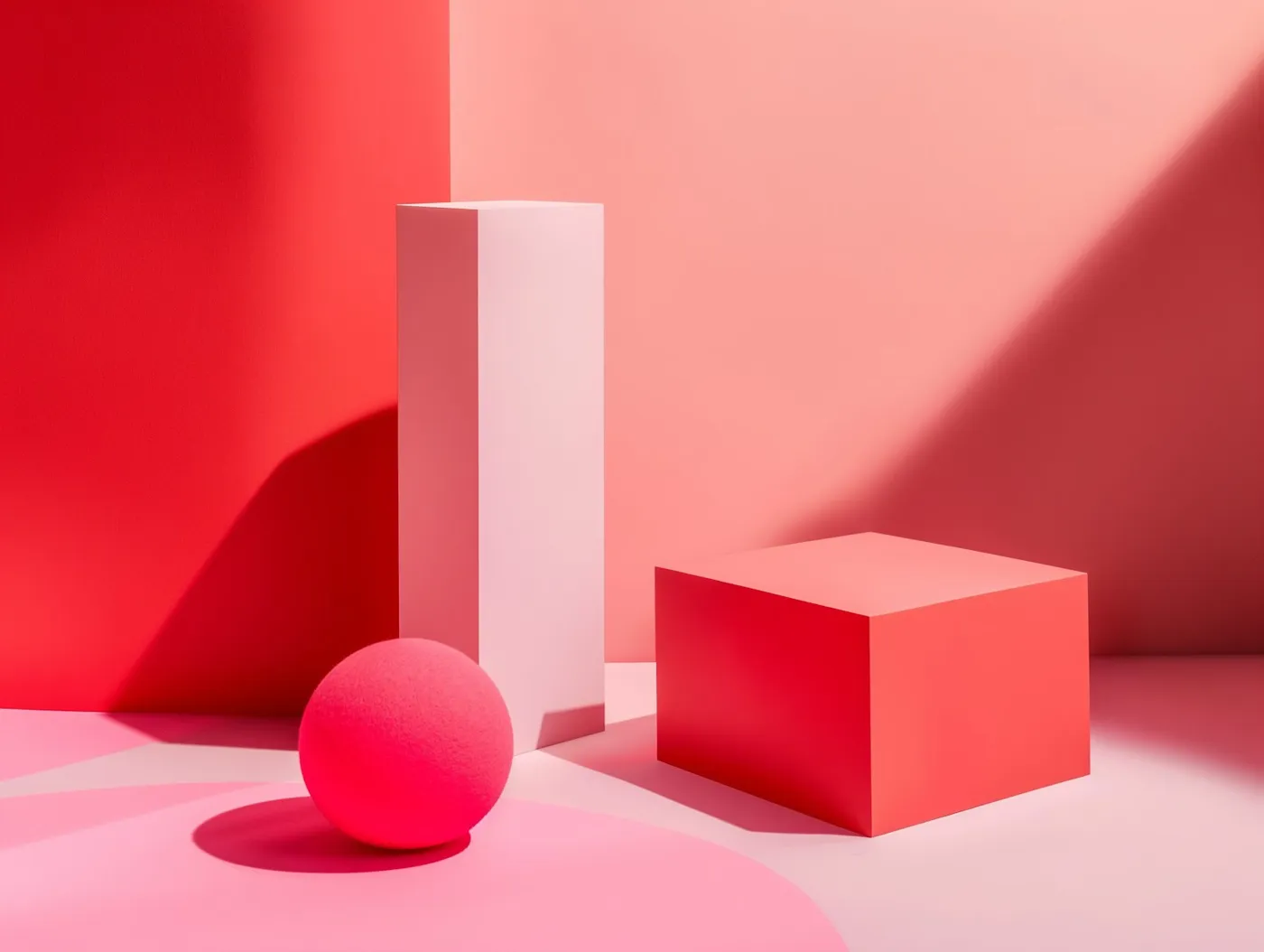 Composition abstraite de volumes rouges et roses, une sphère, un cube et une colonne