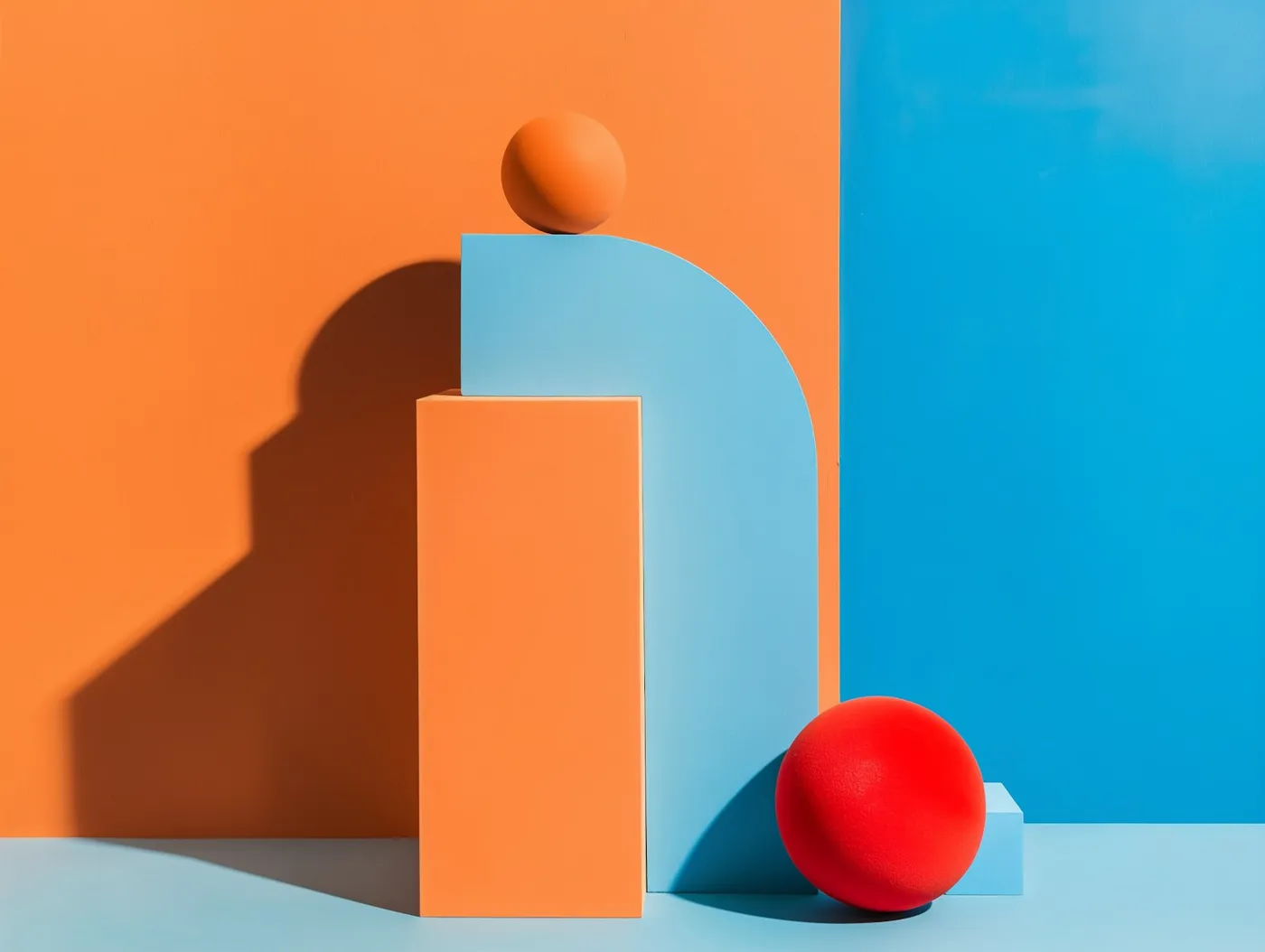 Composition abstraite de volumes orange et bleus, avec une sphère rouge