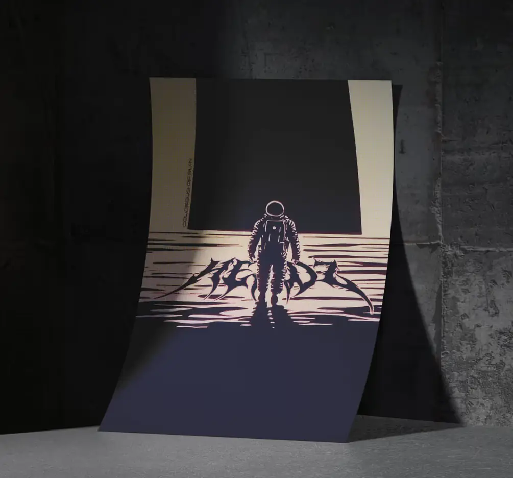Affiche du groupe avec un astronaute, posée contre un mur