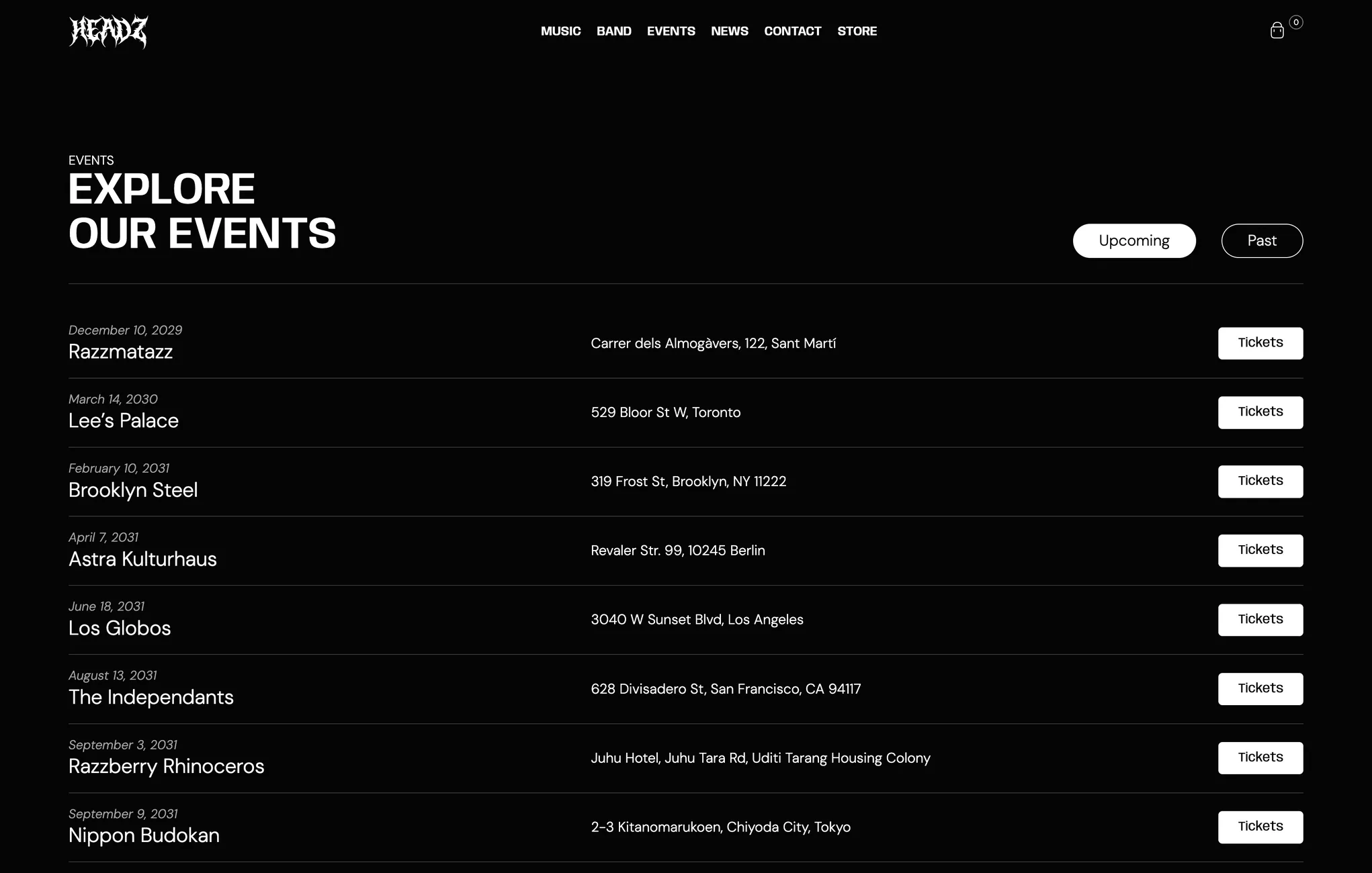 Page agenda avec la liste des prochains concerts et les billets