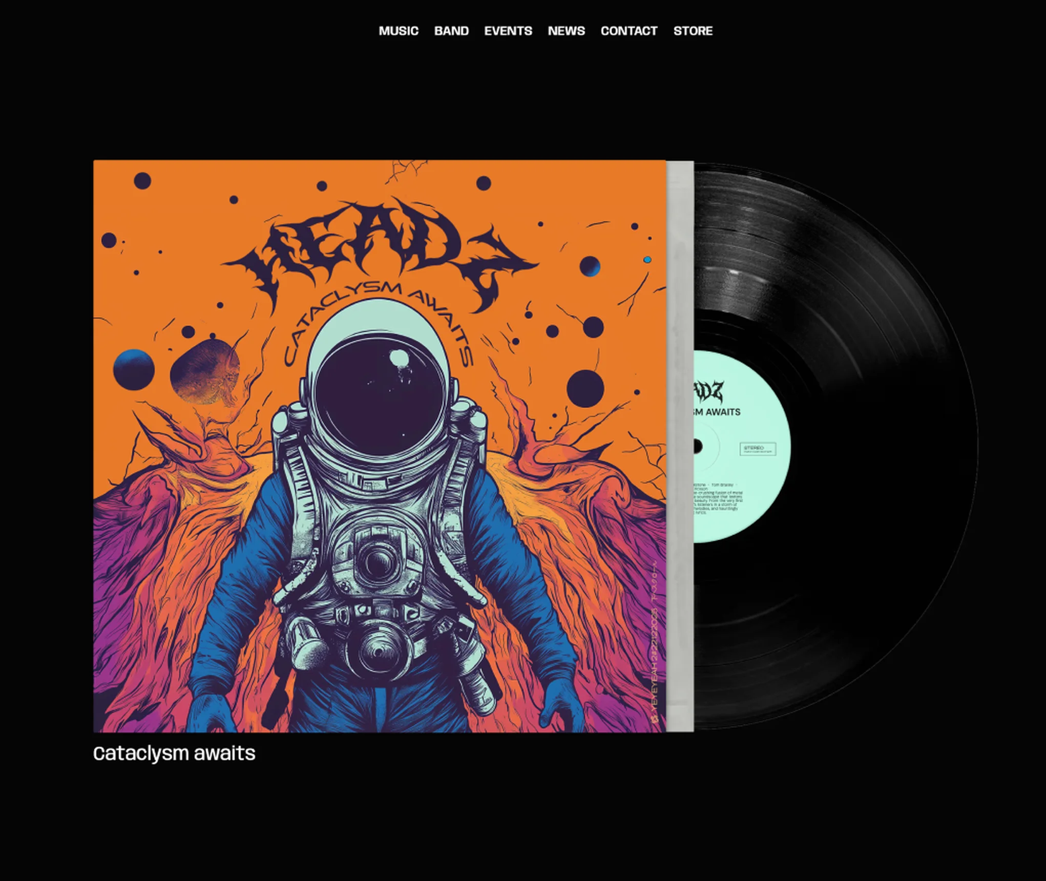 Page de l’album Cataclysm Awaits avec sa pochette orange et son vinyle