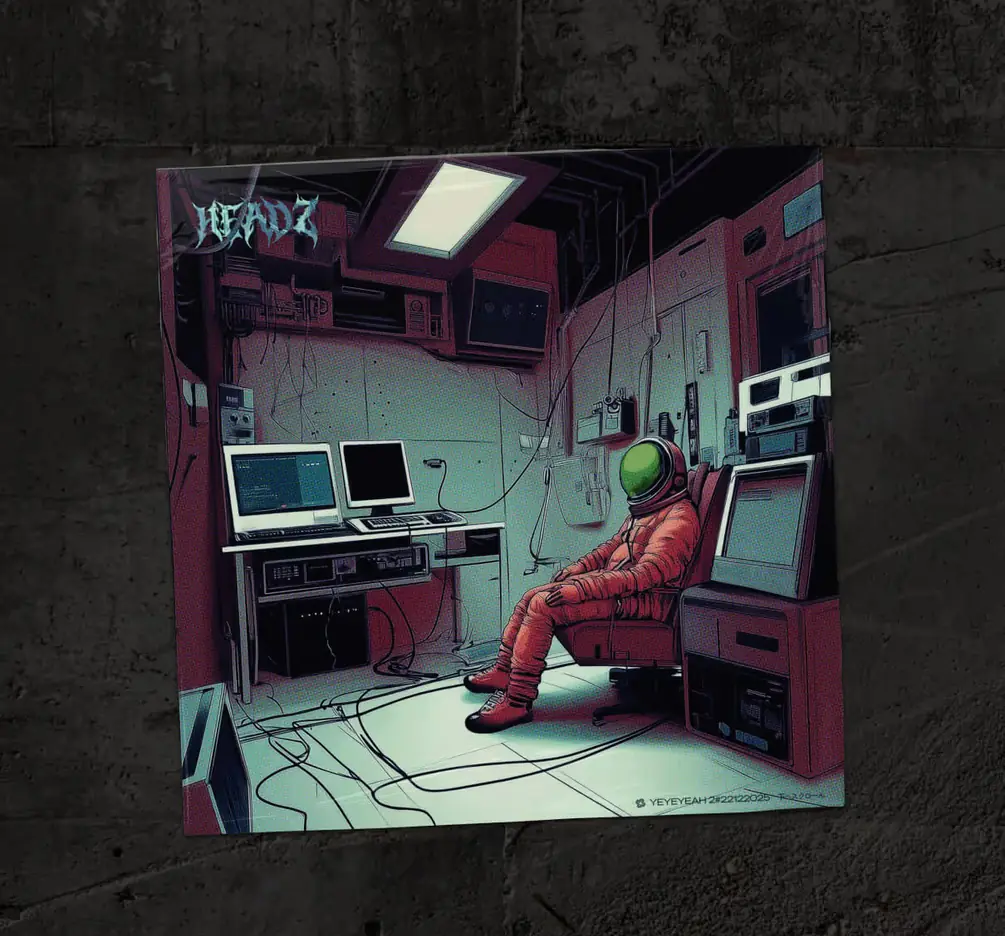 Pochette d’album illustrée avec un astronaute dans un studio