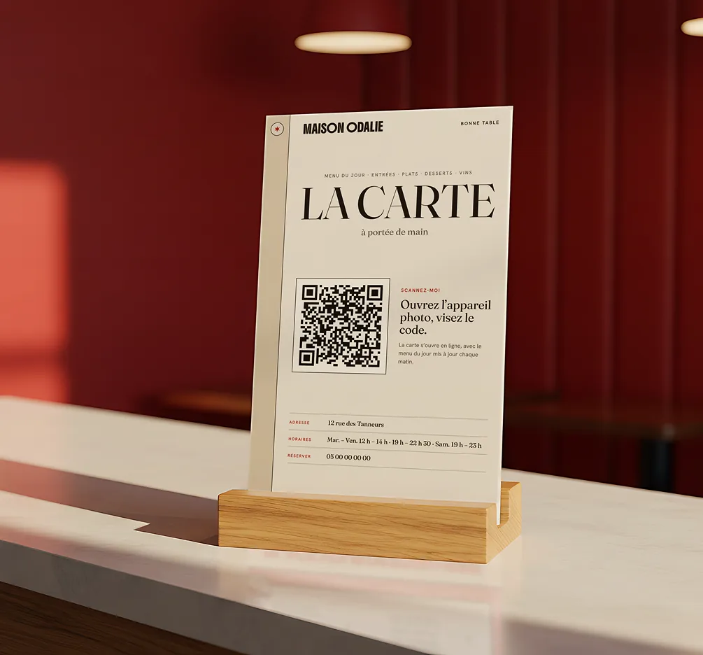 Chevalet de table avec QR code vers la carte en ligne