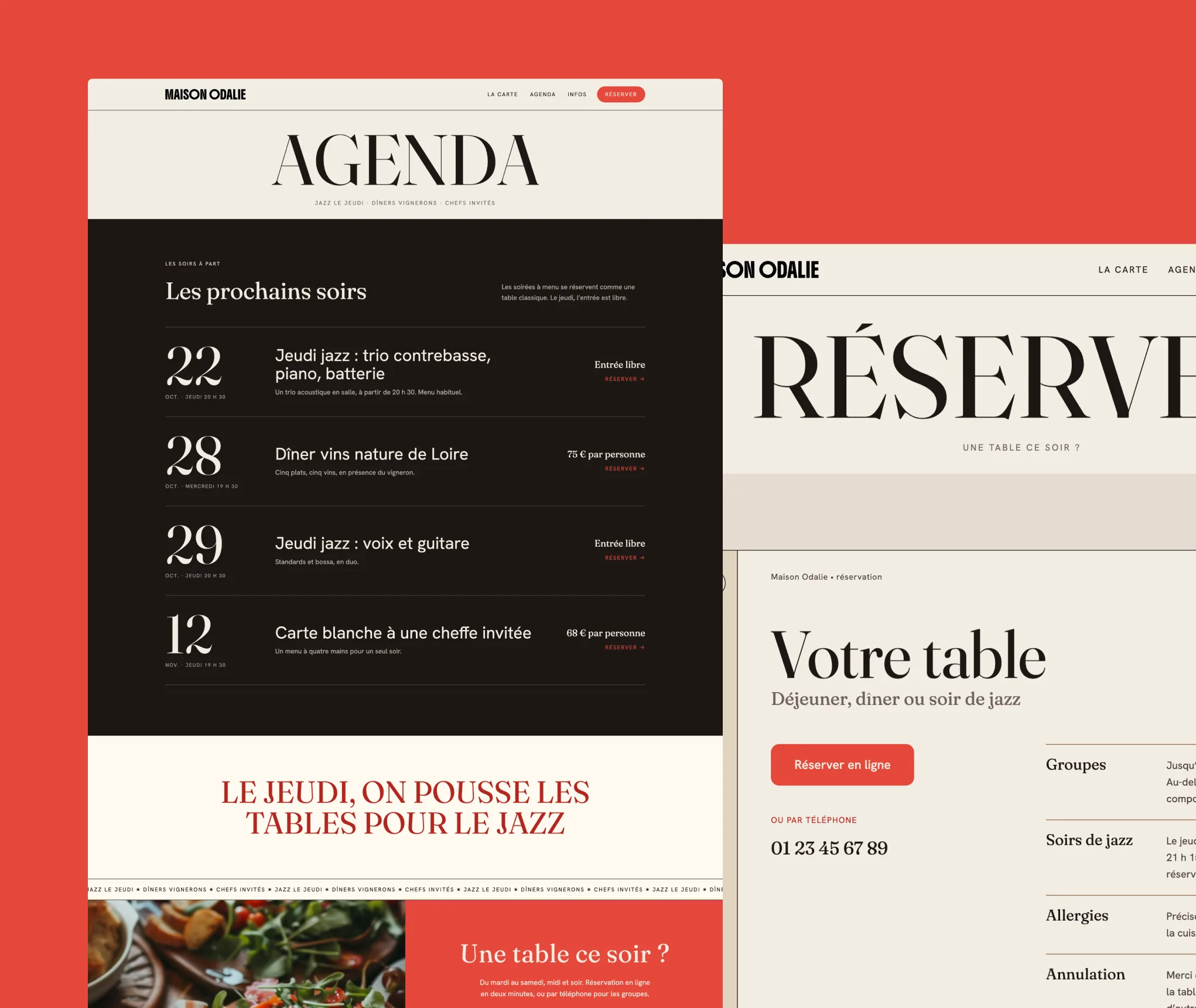 Pages agenda des soirées et réservation du site Maison Odalie