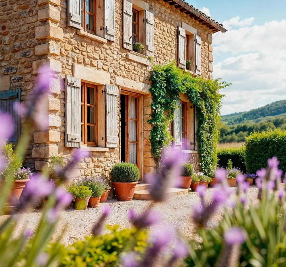 Façade en pierre fleurie de lavande et de rosiers