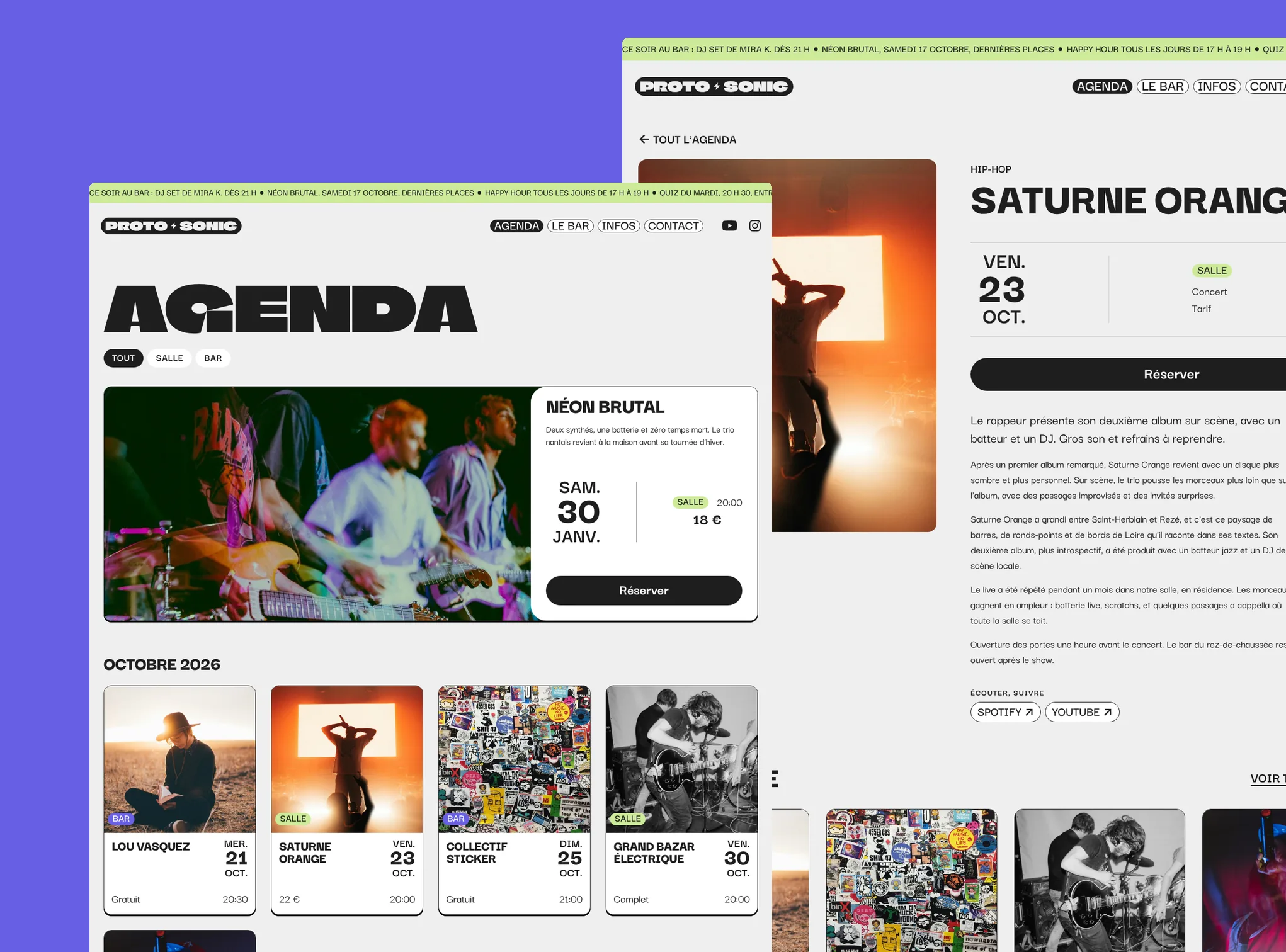 Page agenda et fiche d’un concert du site Protosonic